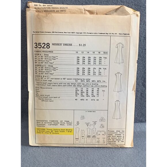 Vintage McCalls 3528 Misses Dress Pattern - Size 14 - 1972 - Retro A-Line Style - Picture 2 of 2